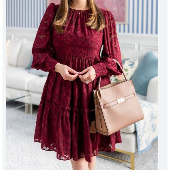 Eliza J Floral Deep Red Wine Lace Long Sleeve Tiered Dress Womens 4 NWT - Picture 1 of 16